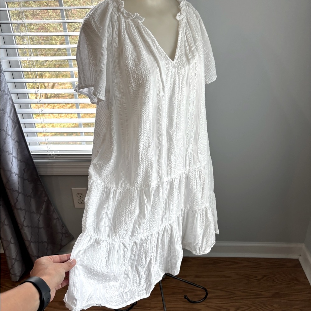 J.Crew White Ruffle Tiered Dress Size Medium Smocked Texture Cottagecore Neutral